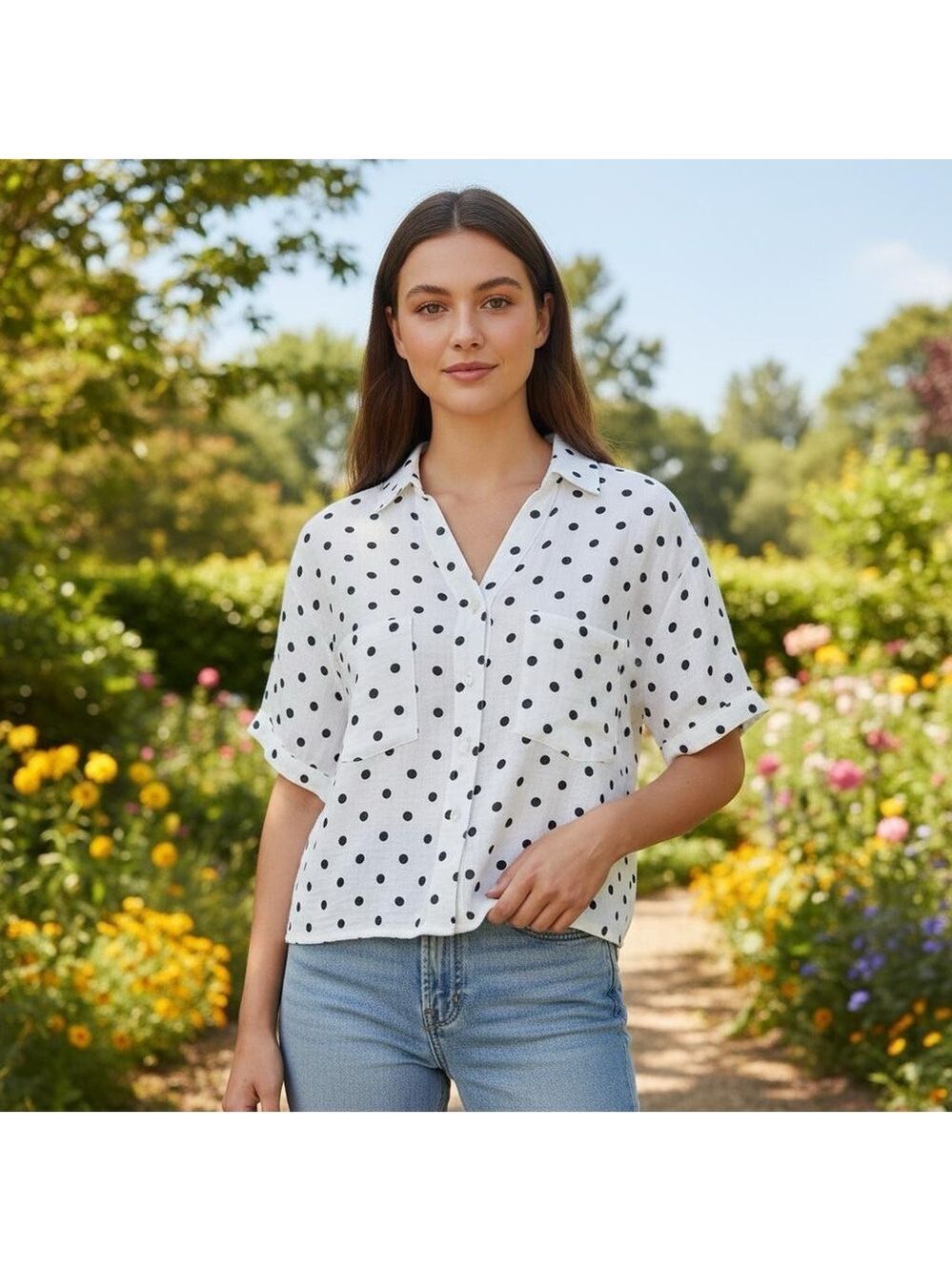 Love Notes White Polka Dot Gauze Cotton Button-Down short sleeve Shirt - Size L